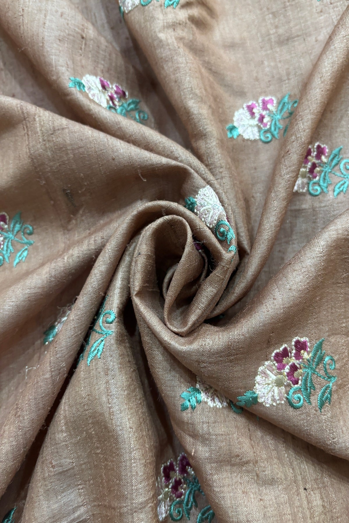 Repeated Plant Silhouette Embroidered Pure Munga Silk Fabric