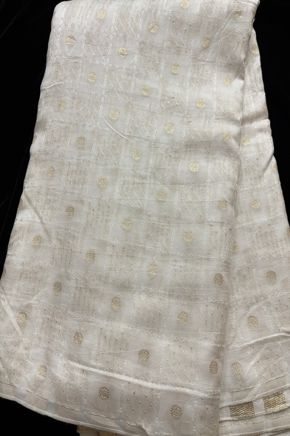 Alternate Checks With Self Thread & Zari Woven Floral White Dyeable Russian Silk Fabric