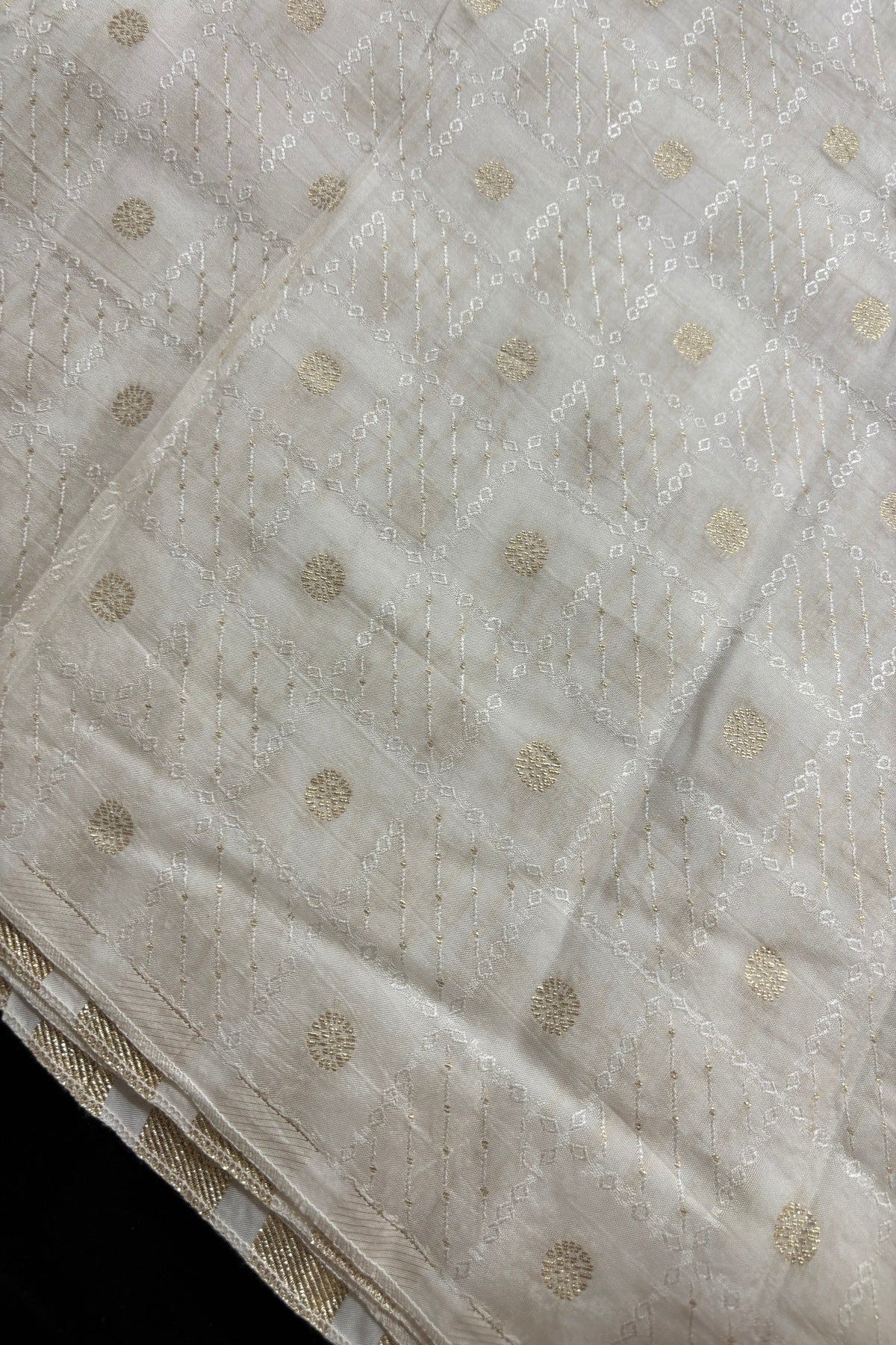 Alternate Checks With Self Thread & Zari Woven Floral White Dyeable Russian Silk Fabric