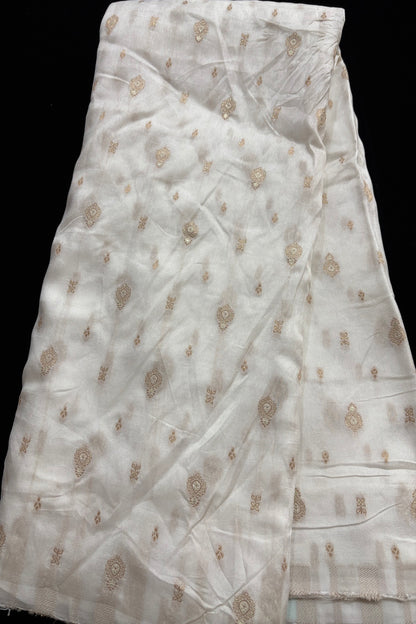 Gold & Silver Zari Multi Floral Woven White Dyeable Russian Silk Dyeable Fabric