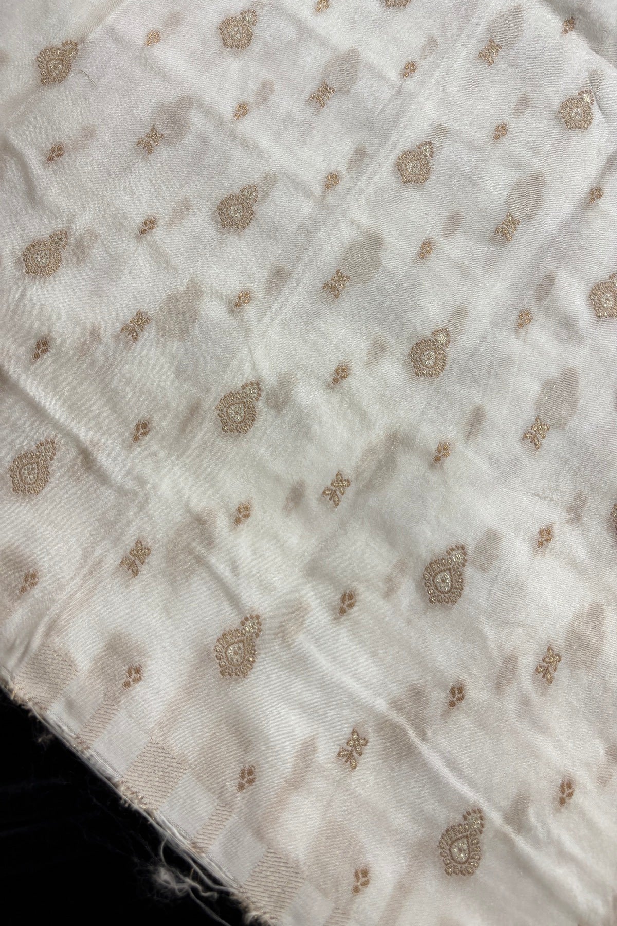 Gold & Silver Zari Multi Floral Woven White Dyeable Russian Silk Dyeable Fabric