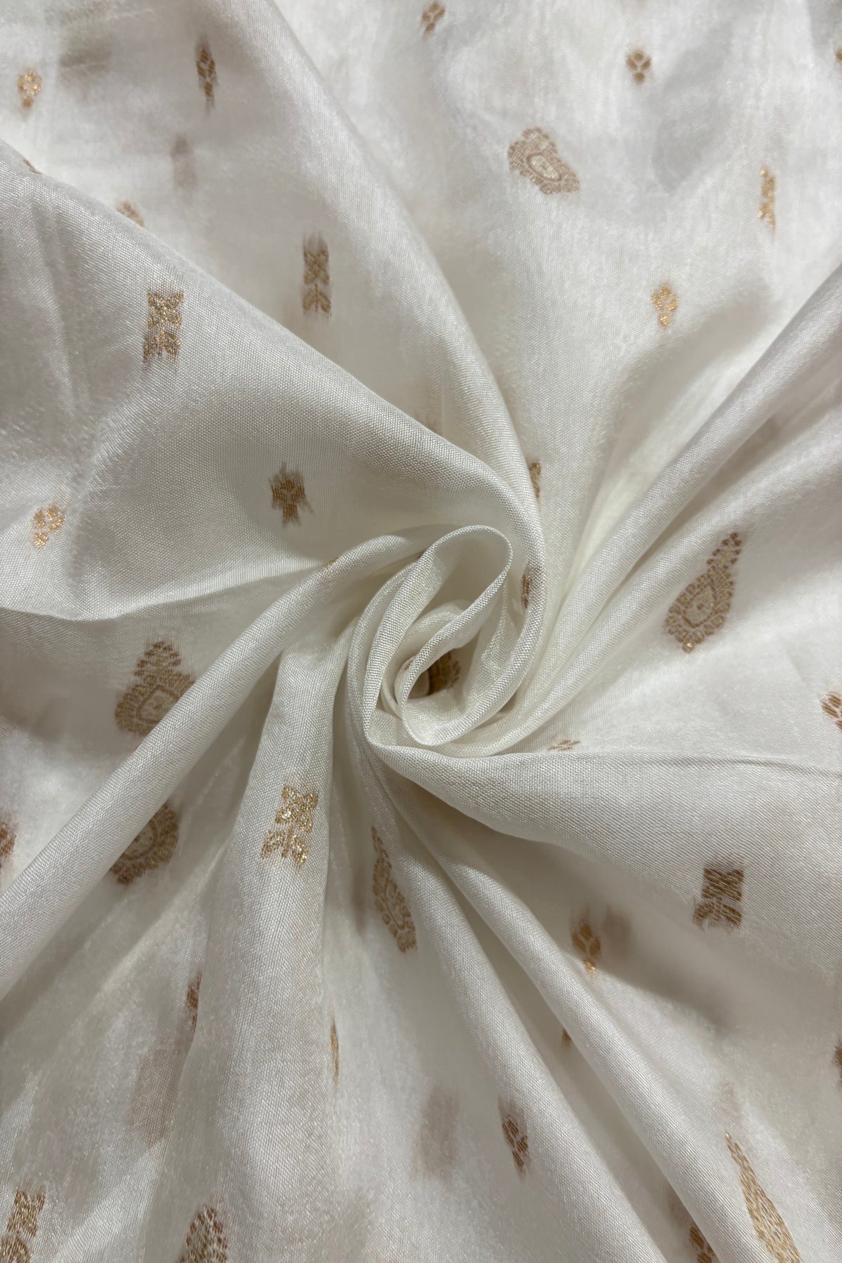 Gold & Silver Zari Multi Floral Woven White Dyeable Russian Silk Dyeable Fabric