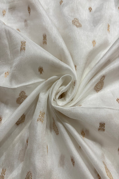 Gold & Silver Zari Multi Floral Woven White Dyeable Russian Silk Dyeable Fabric
