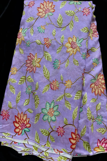 Artistic Floral Prints With Sequins & Zari Thread Embroidered Dola Silk Fabric