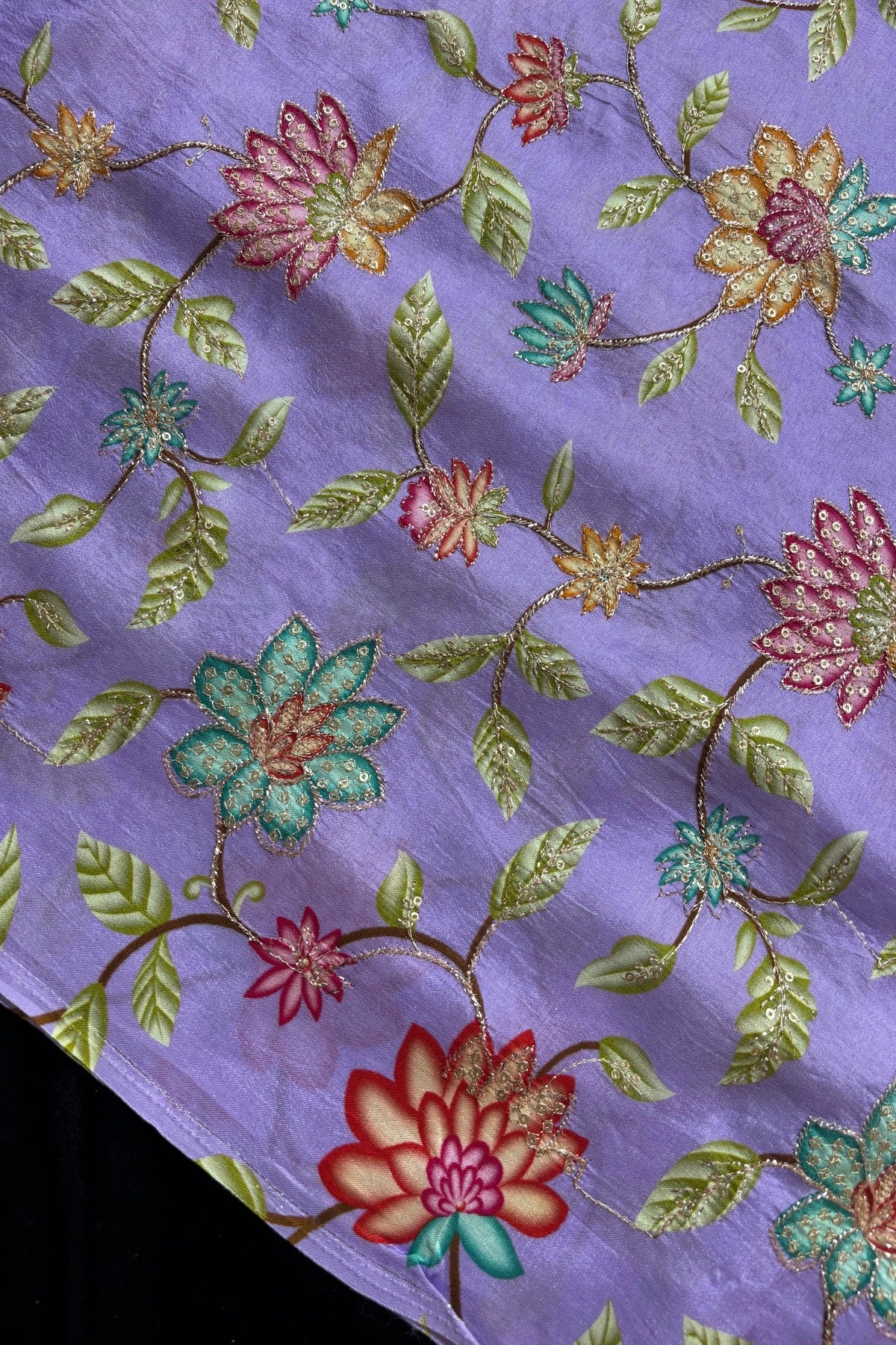 Artistic Floral Prints With Sequins & Zari Thread Embroidered Dola Silk Fabric