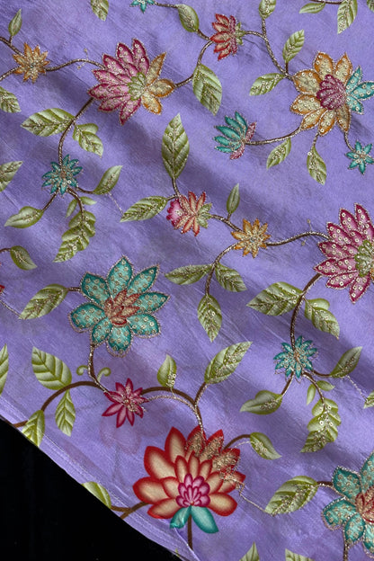 Artistic Floral Prints With Sequins & Zari Thread Embroidered Dola Silk Fabric
