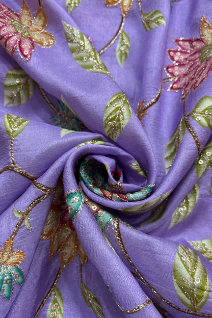 Artistic Floral Prints With Sequins & Zari Thread Embroidered Dola Silk Fabric