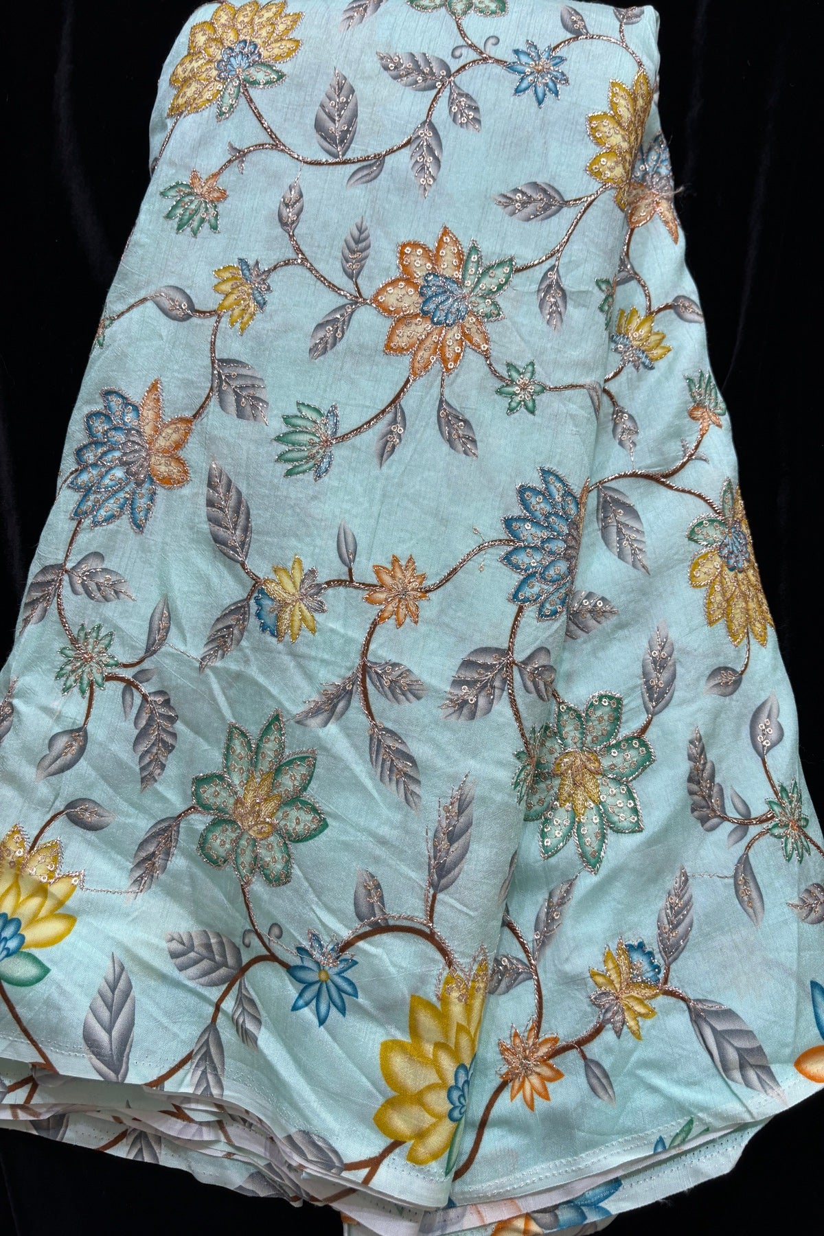 Artistic Floral Prints With Sequins & Zari Thread Embroidered Dola Silk Fabric