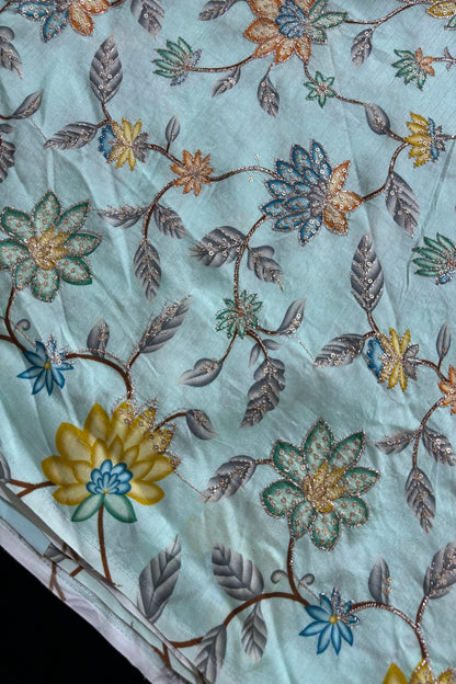 Artistic Floral Prints With Sequins & Zari Thread Embroidered Dola Silk Fabric
