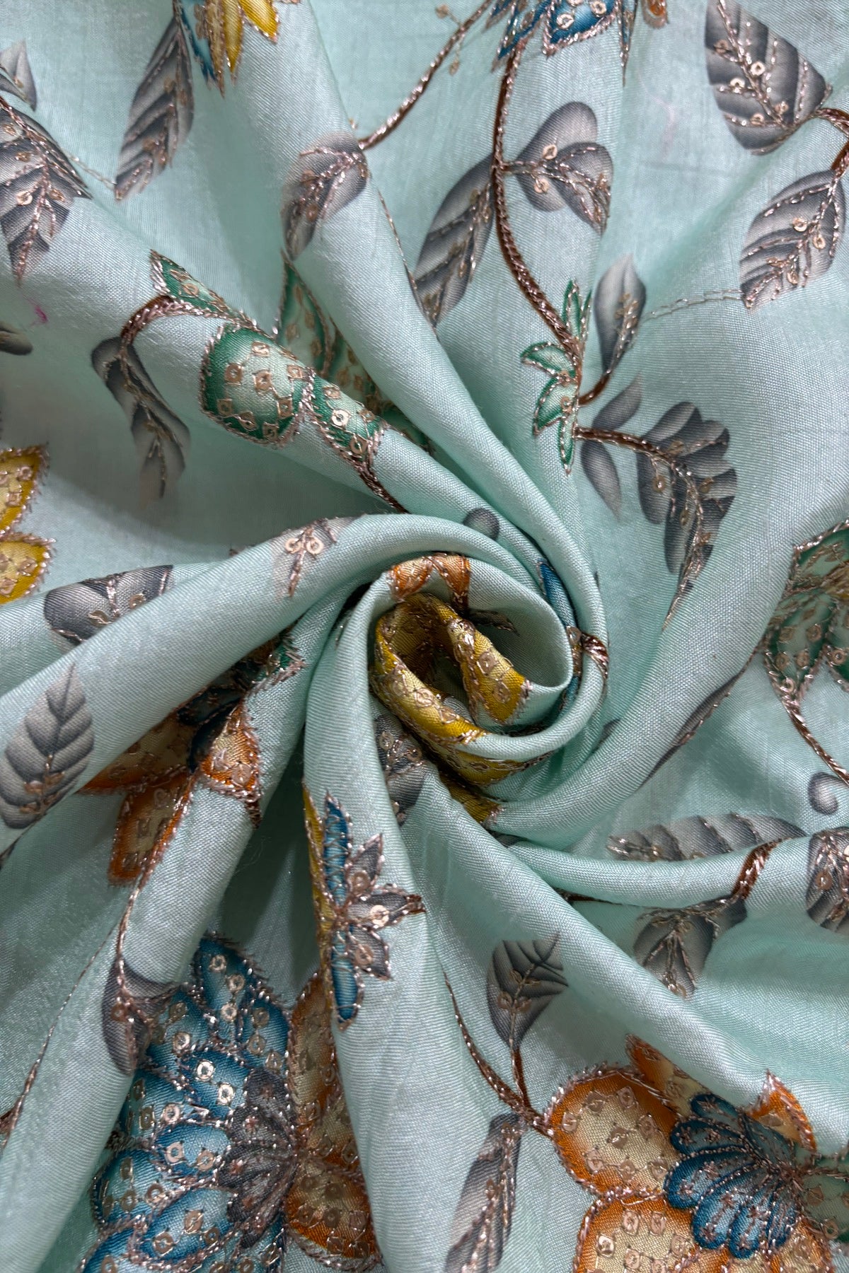 Artistic Floral Prints With Sequins & Zari Thread Embroidered Dola Silk Fabric