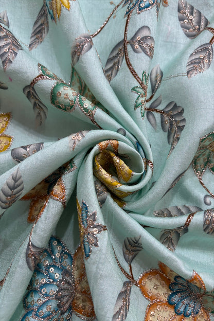 Artistic Floral Prints With Sequins & Zari Thread Embroidered Dola Silk Fabric