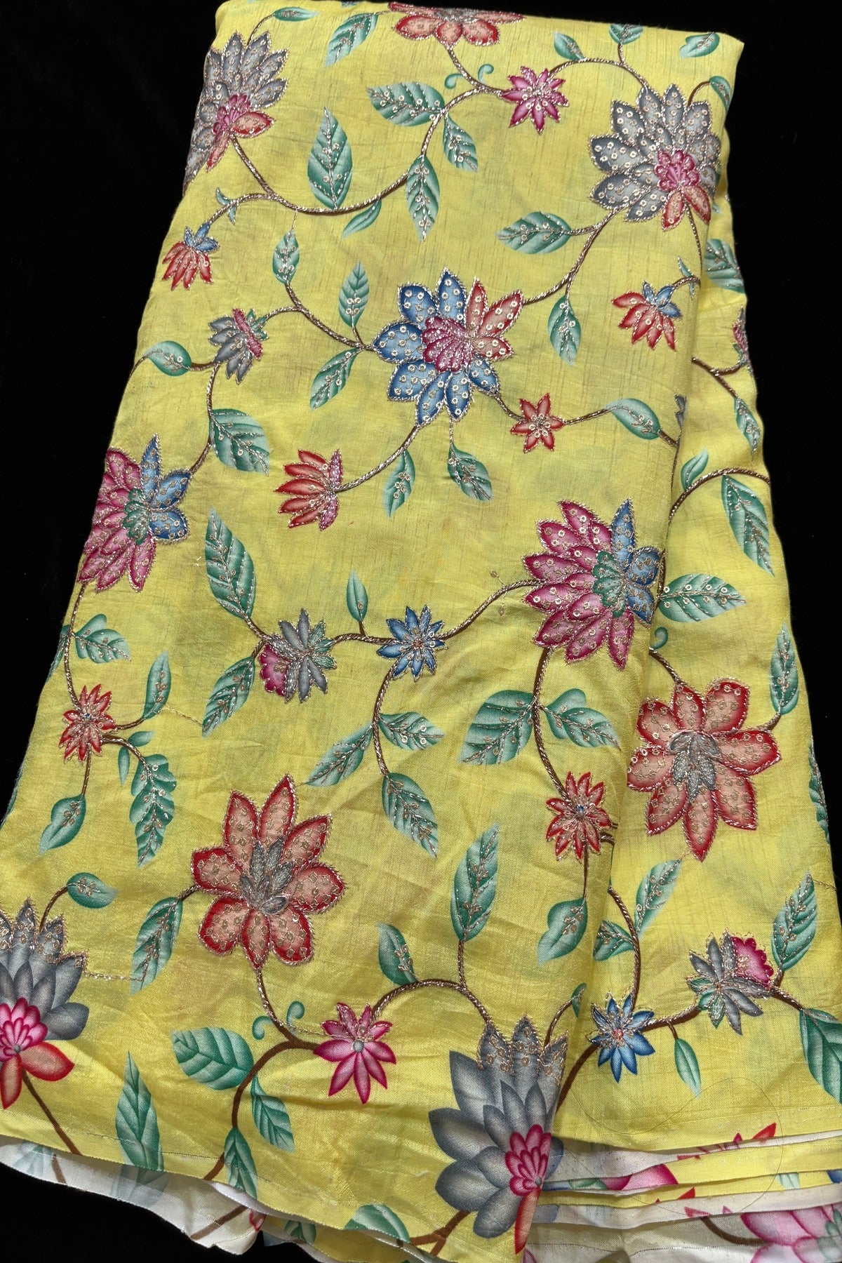 Artistic Floral Prints With Sequins & Zari Thread Embroidered Dola Silk Fabric