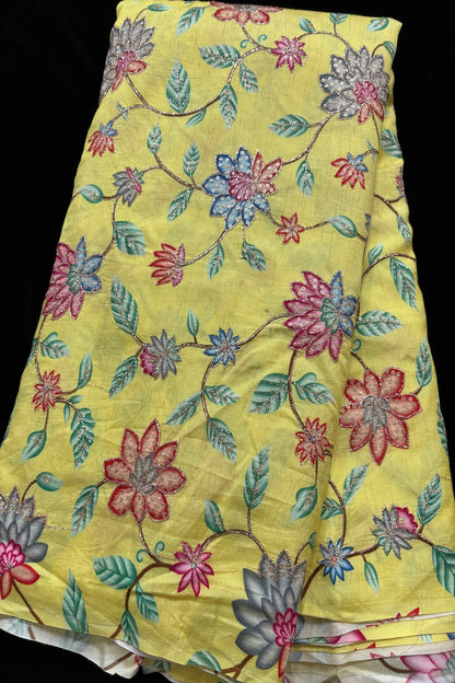 Artistic Floral Prints With Sequins & Zari Thread Embroidered Dola Silk Fabric