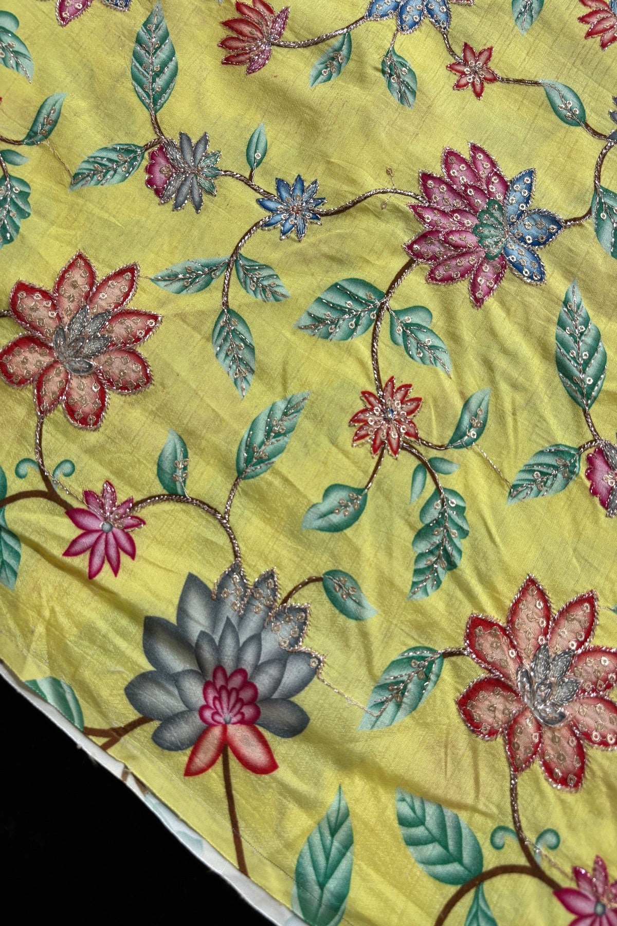 Artistic Floral Prints With Sequins & Zari Thread Embroidered Dola Silk Fabric