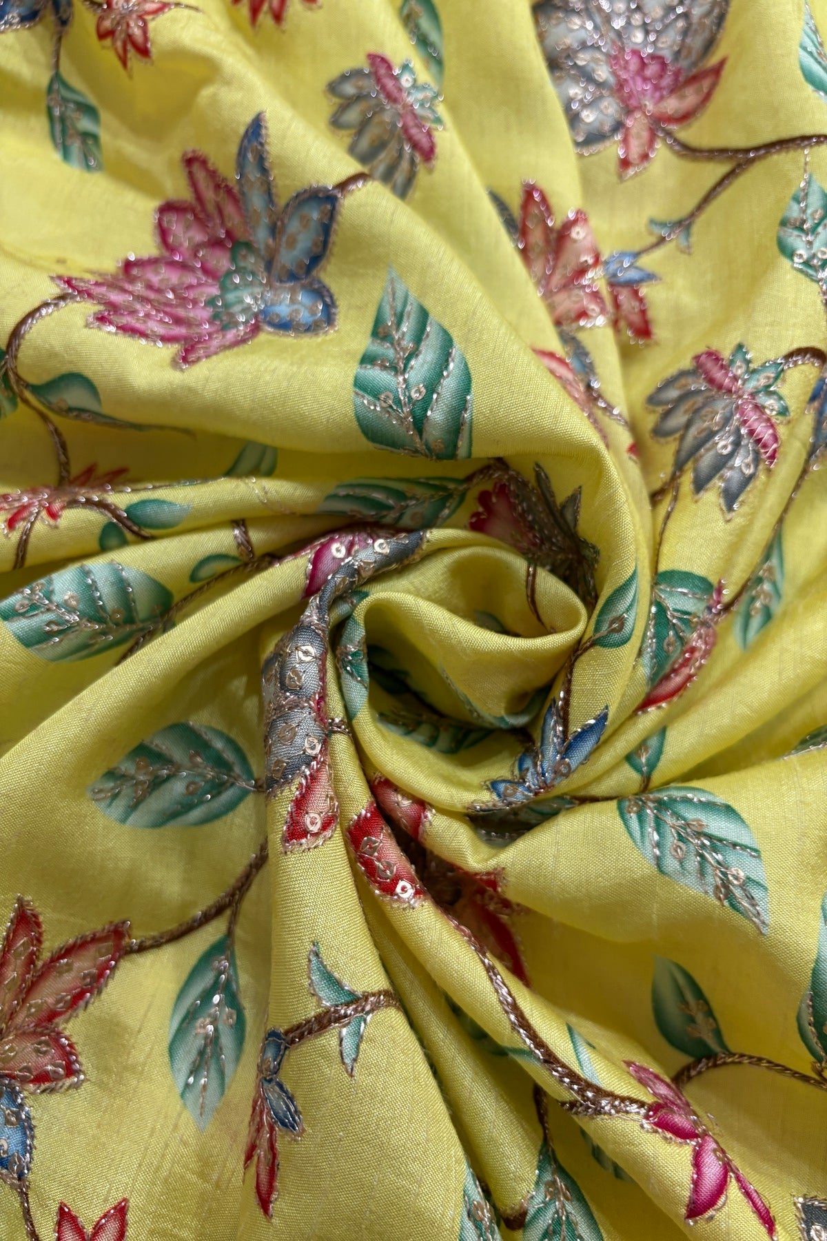 Artistic Floral Prints With Sequins & Zari Thread Embroidered Dola Silk Fabric