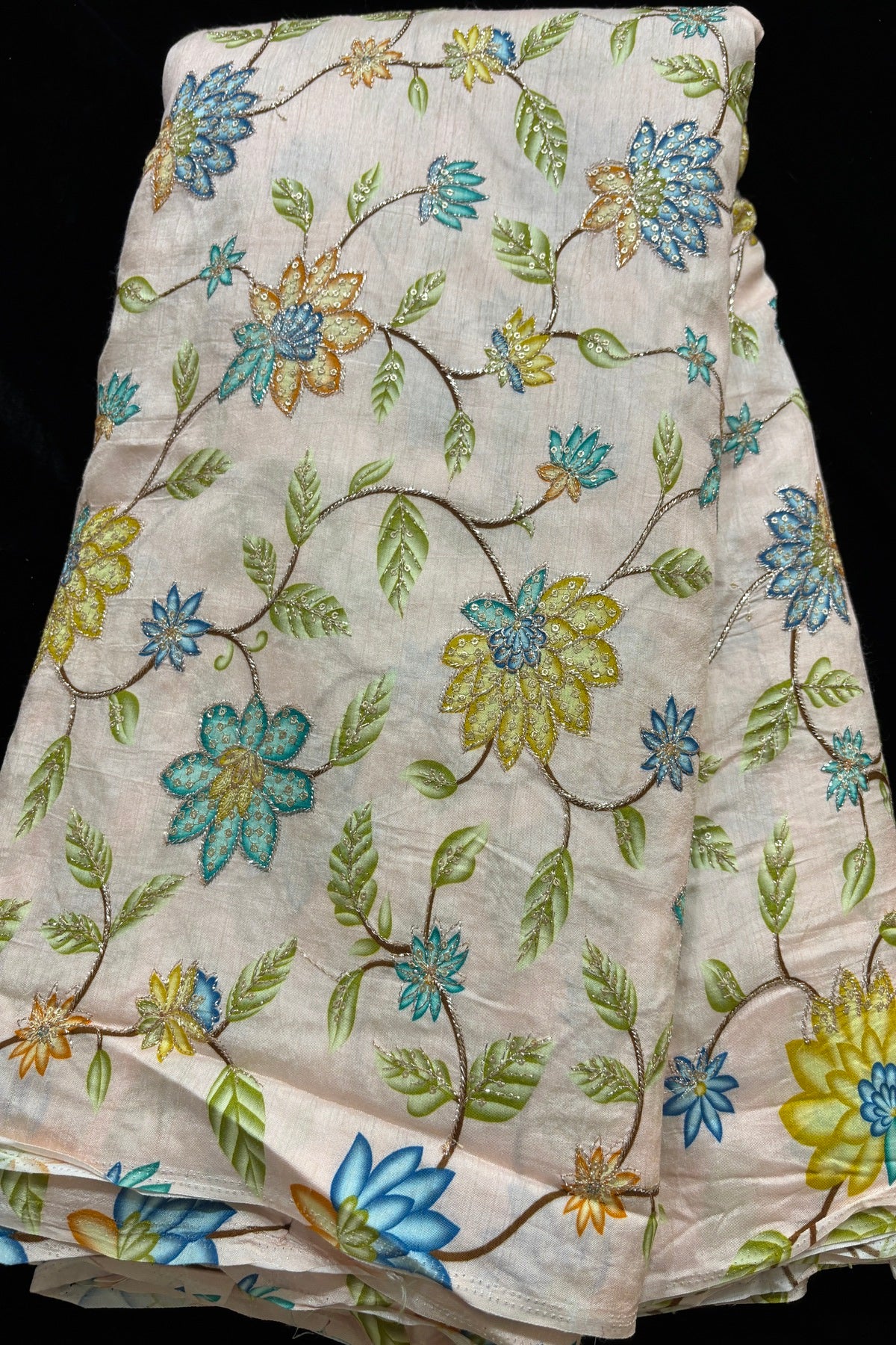Artistic Floral Prints With Sequins & Zari Thread Embroidered Dola Silk Fabric