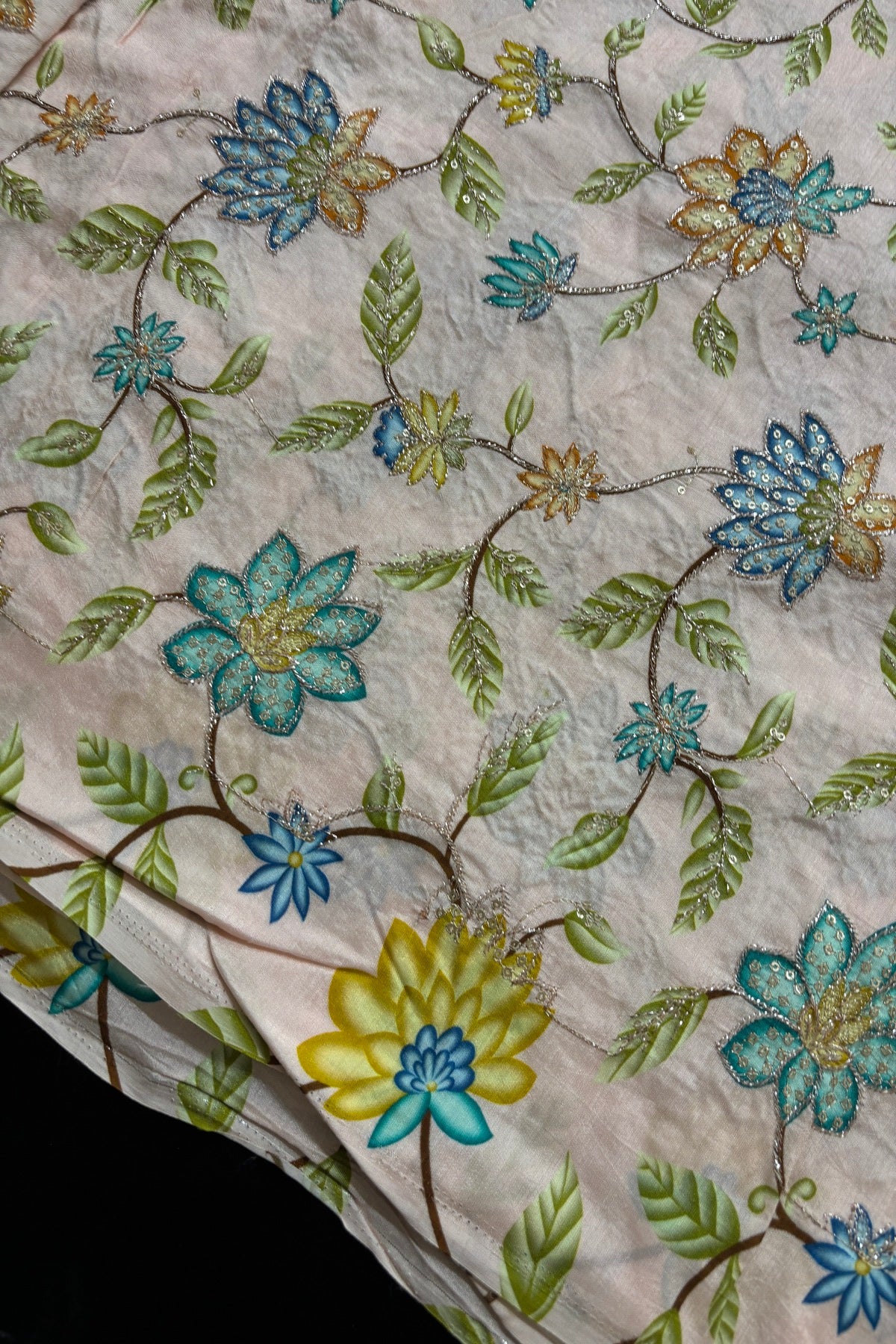 Artistic Floral Prints With Sequins & Zari Thread Embroidered Dola Silk Fabric