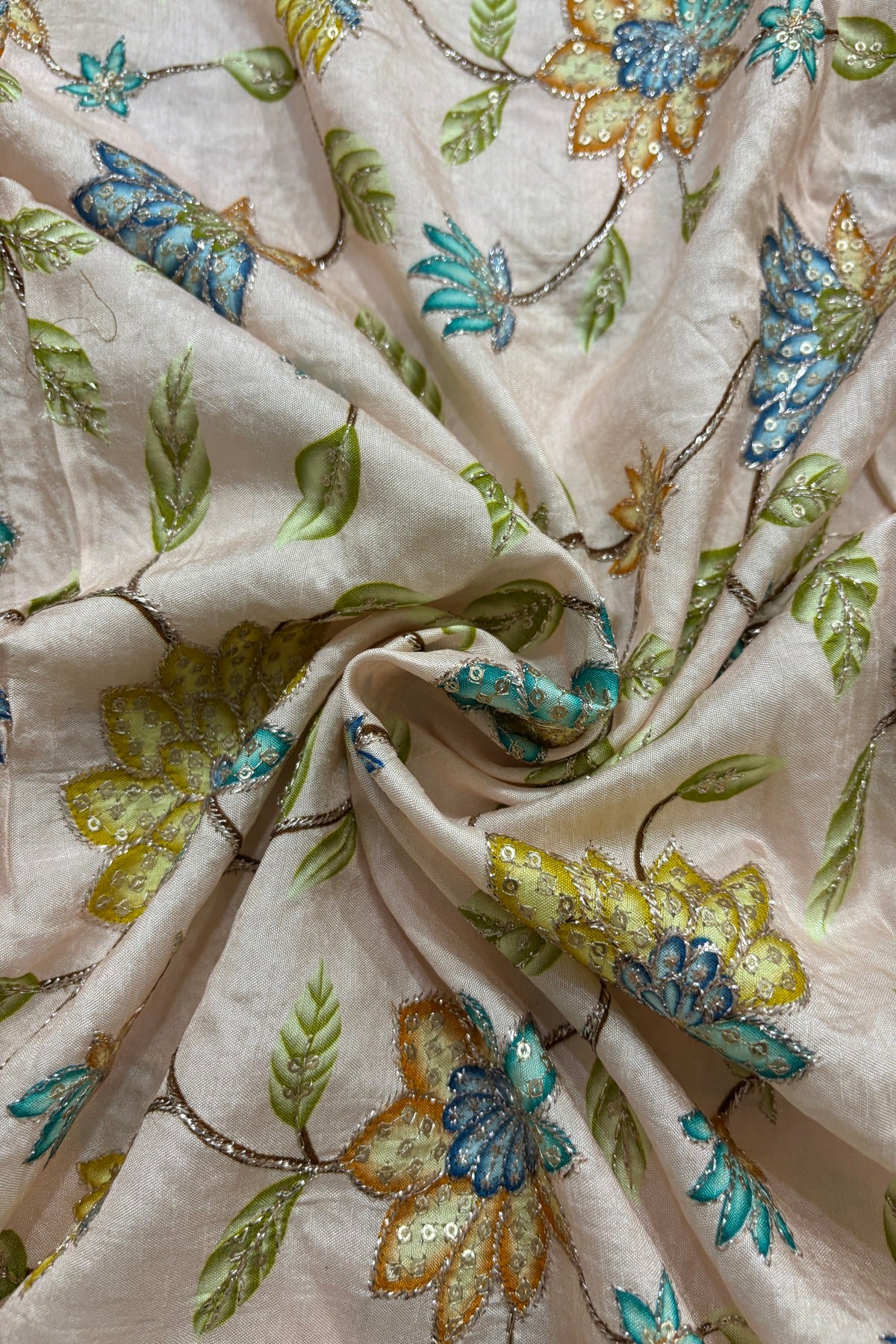 Artistic Floral Prints With Sequins & Zari Thread Embroidered Dola Silk Fabric