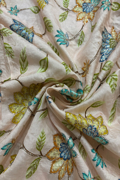 Artistic Floral Prints With Sequins & Zari Thread Embroidered Dola Silk Fabric