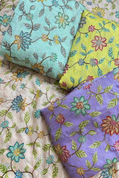 Artistic Floral Prints With Sequins & Zari Thread Embroidered Dola Silk Fabric