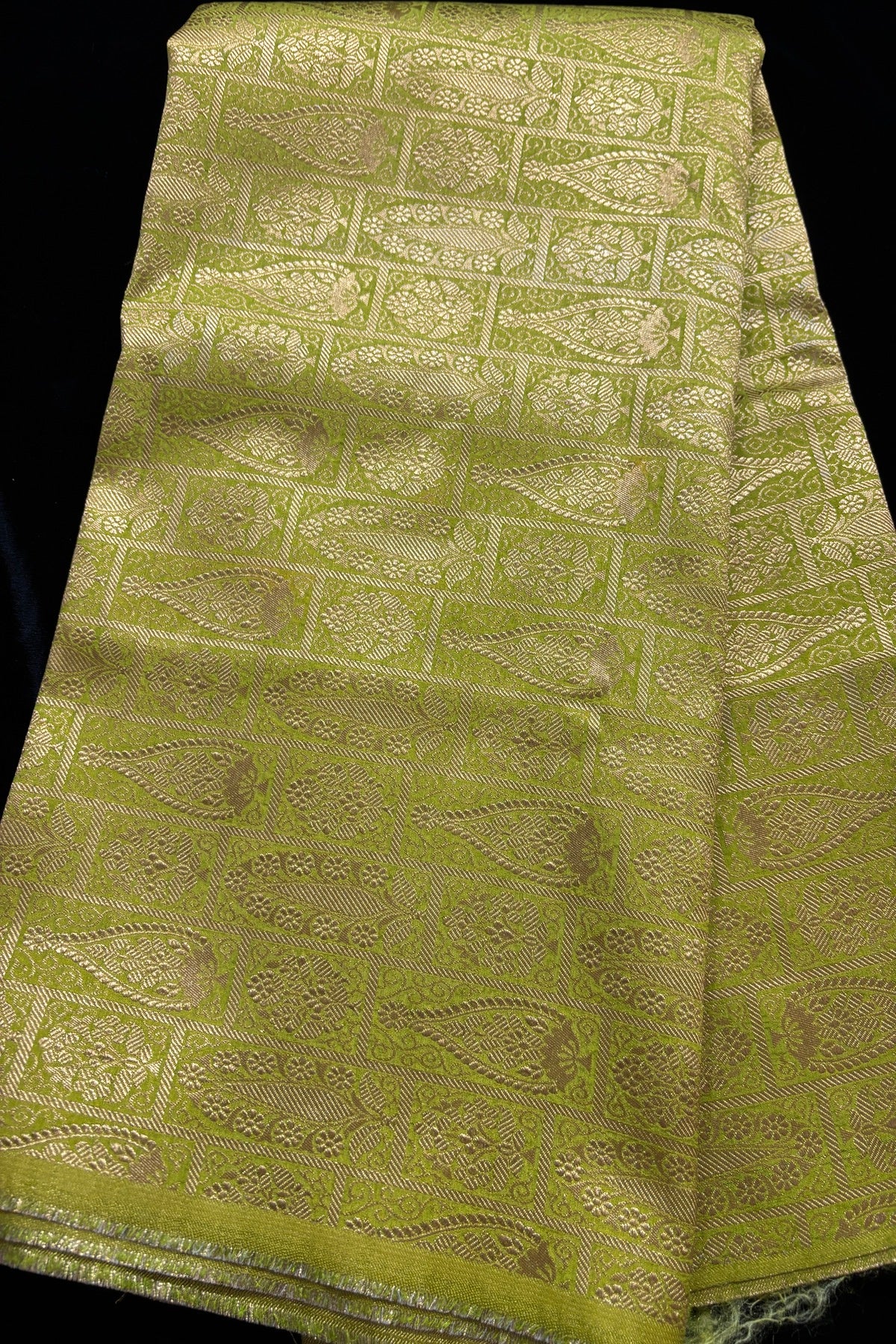 Paisley Motif In Checkered Zari Woven Brocade Semi Katan Silk Fabric