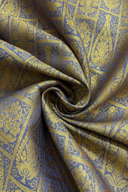 Paisley Motif In Checkered Zari Woven Brocade Semi Katan Silk Fabric