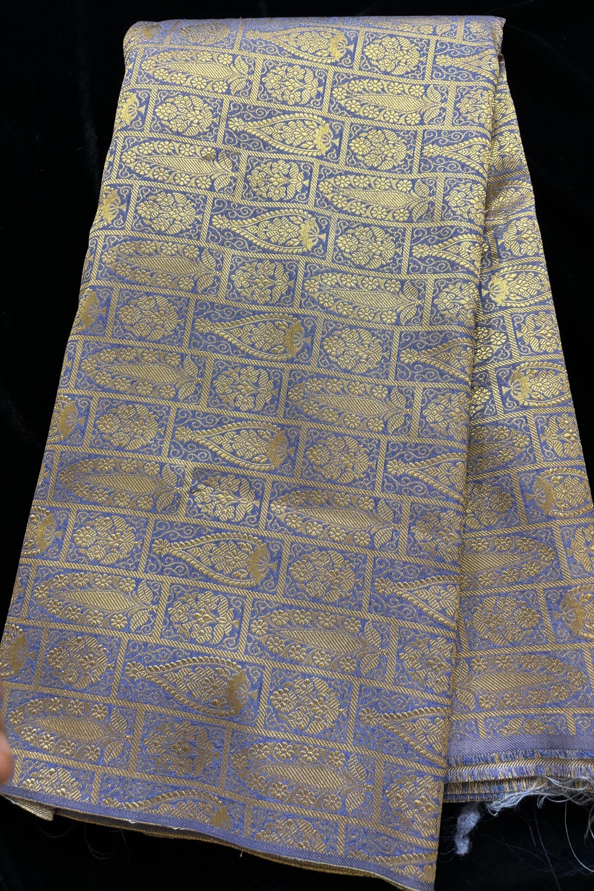 Paisley Motif In Checkered Zari Woven Brocade Semi Katan Silk Fabric