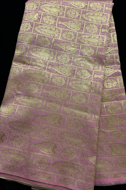 Paisley Motif In Checkered Zari Woven Brocade Semi Katan Silk Fabric