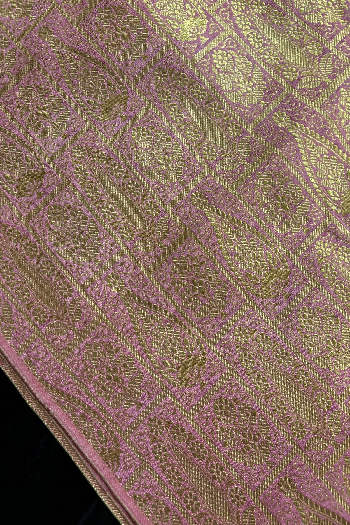 Paisley Motif In Checkered Zari Woven Brocade Semi Katan Silk Fabric