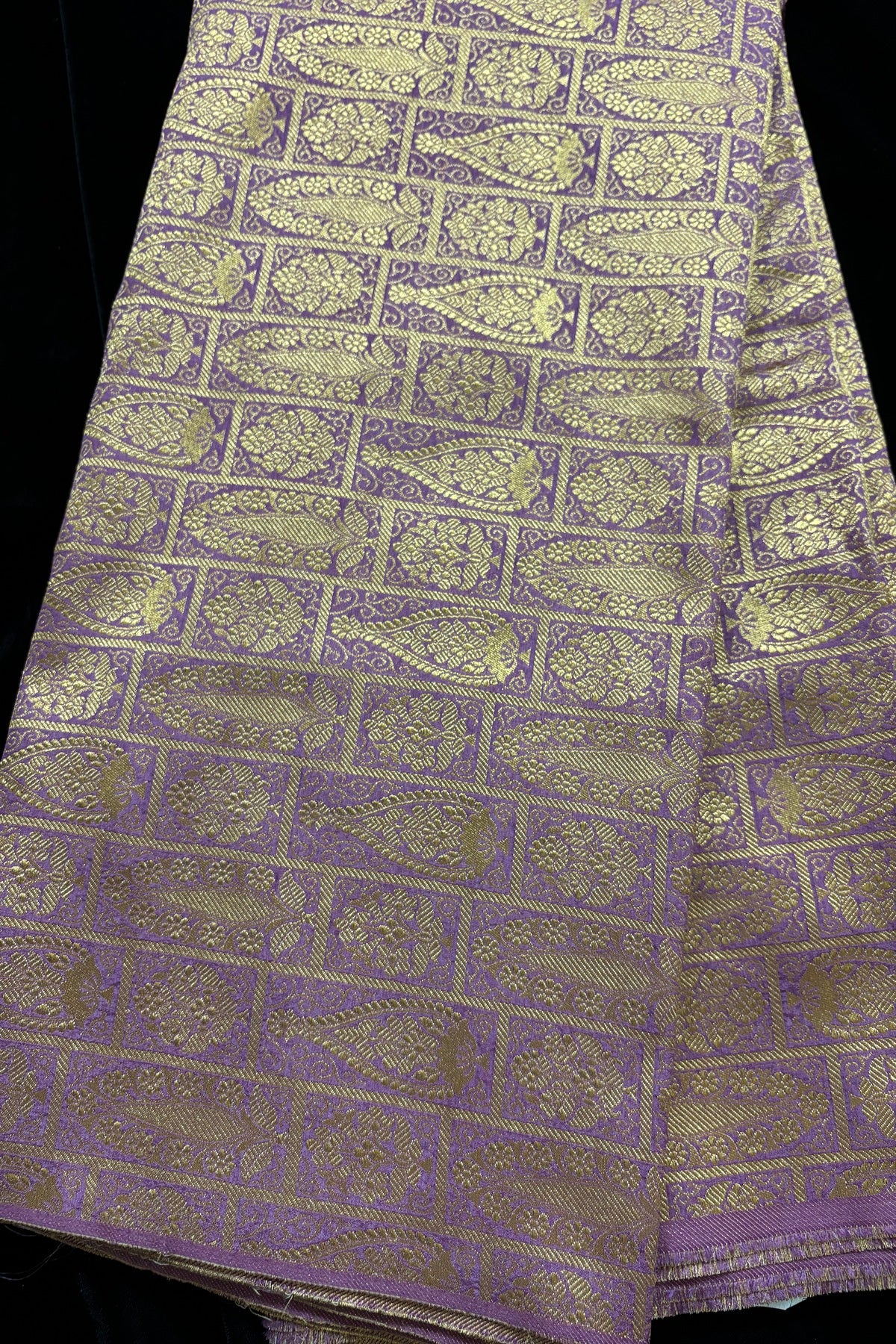 Paisley Motif In Checkered Zari Woven Brocade Semi Katan Silk Fabric