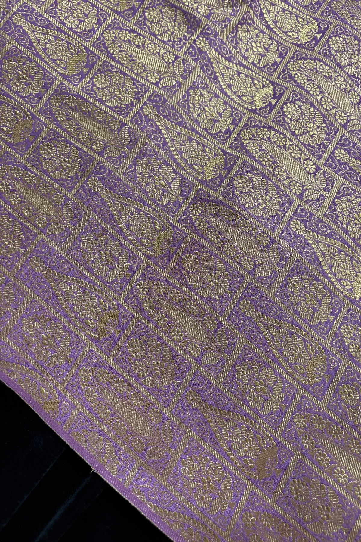 Paisley Motif In Checkered Zari Woven Brocade Semi Katan Silk Fabric