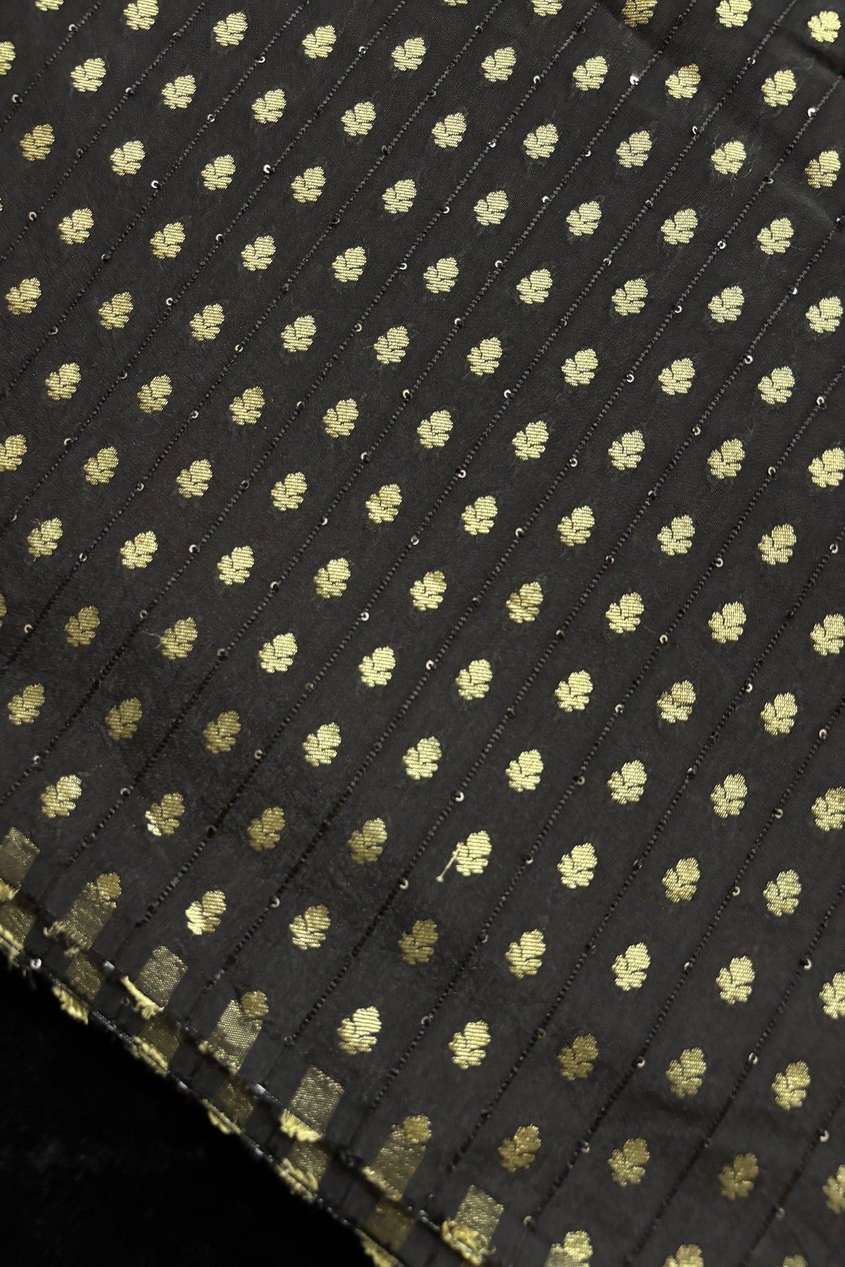 Gold Woven Buttas With Embroidered Vertical Sequins Semi Rawsilk Fabric