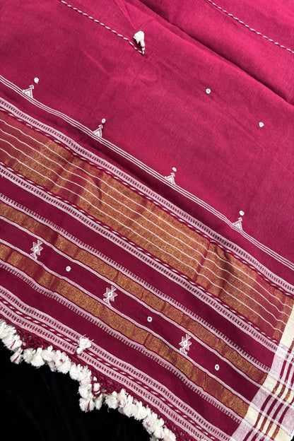 Maroon Mirror Worked Handwoven Pure Kala Cotton Bujodi Dupatta