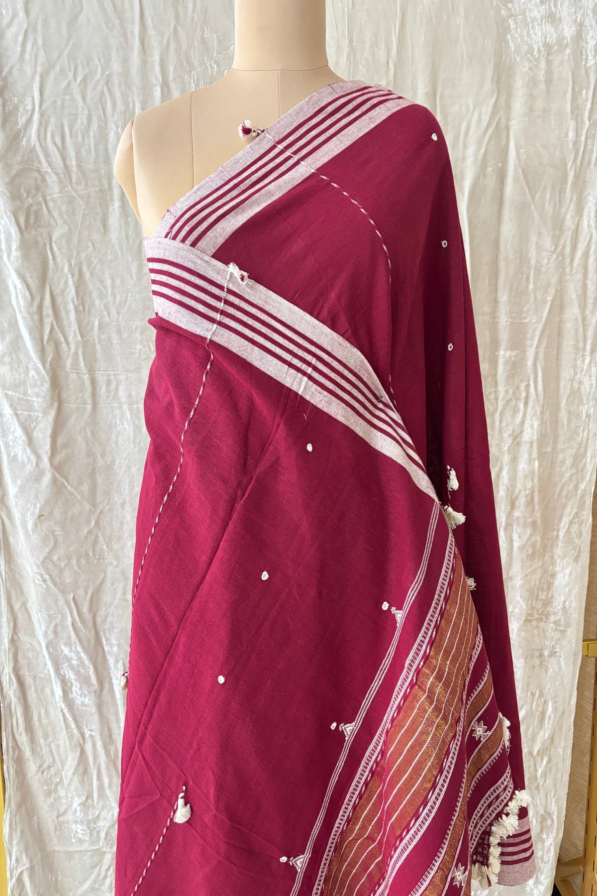 Maroon Mirror Worked Handwoven Pure Kala Cotton Bujodi Dupatta