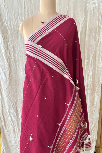 Maroon Mirror Worked Handwoven Pure Kala Cotton Bujodi Dupatta