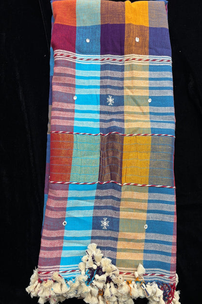 Multicolor Checked Mirror Worked Handwoven Pure Kala Cotton Bujodi Dupatta