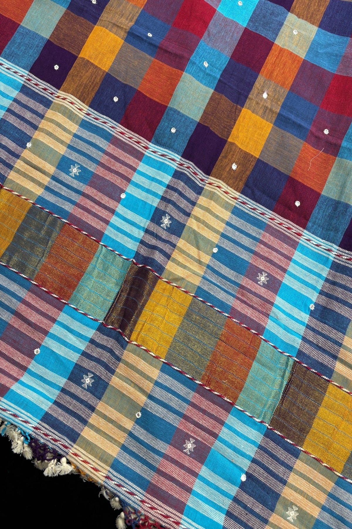 Multicolor Checked Mirror Worked Handwoven Pure Kala Cotton Bujodi Dupatta
