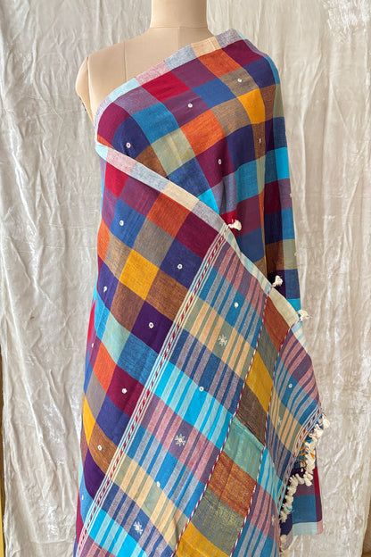 Multicolor Checked Mirror Worked Handwoven Pure Kala Cotton Bujodi Dupatta