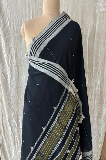Black Mirror Worked Handwoven Pure Kala Cotton Bujodi Dupatta