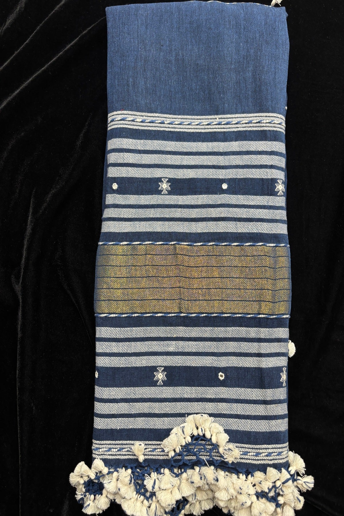 Navy Blue Mirror Worked Handwoven Pure Kala Cotton Bujodi Dupatta