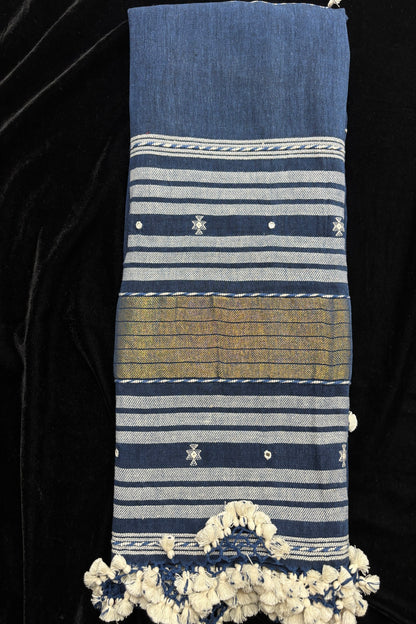 Navy Blue Mirror Worked Handwoven Pure Kala Cotton Bujodi Dupatta