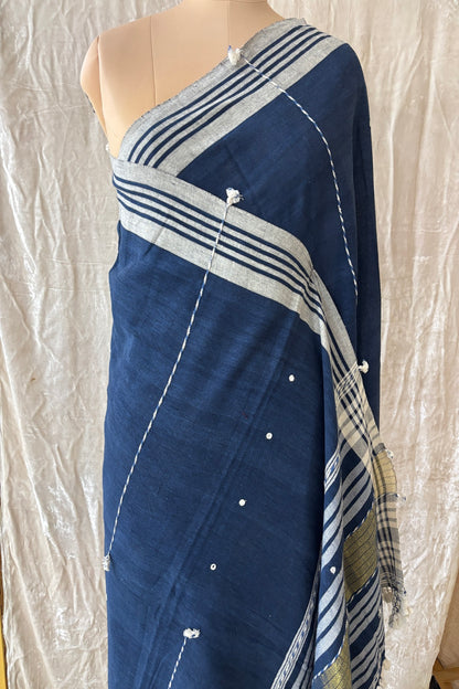 Navy Blue Mirror Worked Handwoven Pure Kala Cotton Bujodi Dupatta