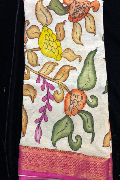 Ivory Color Pure Pen Kalamkari Hand Painted Silk Dupatta With Pink Brocade Border