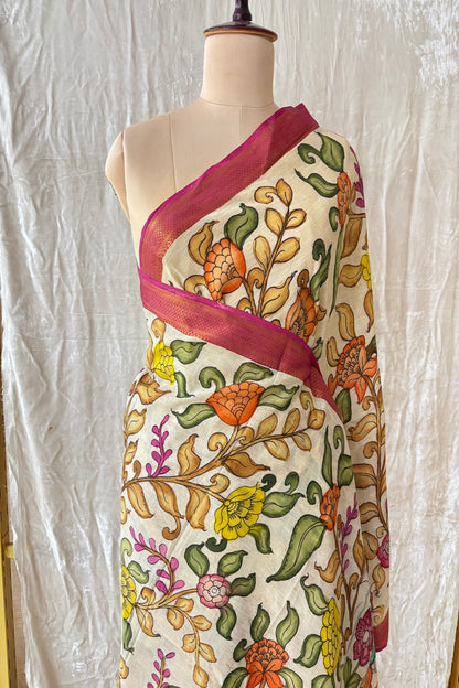 Ivory Color Pure Pen Kalamkari Hand Painted Silk Dupatta With Pink Brocade Border