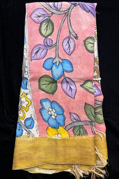 Peach Color Pure Pen Kalamkari Hand Painted Silk Dupatta With Beige Brocade Border