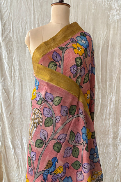 Peach Color Pure Pen Kalamkari Hand Painted Silk Dupatta With Beige Brocade Border