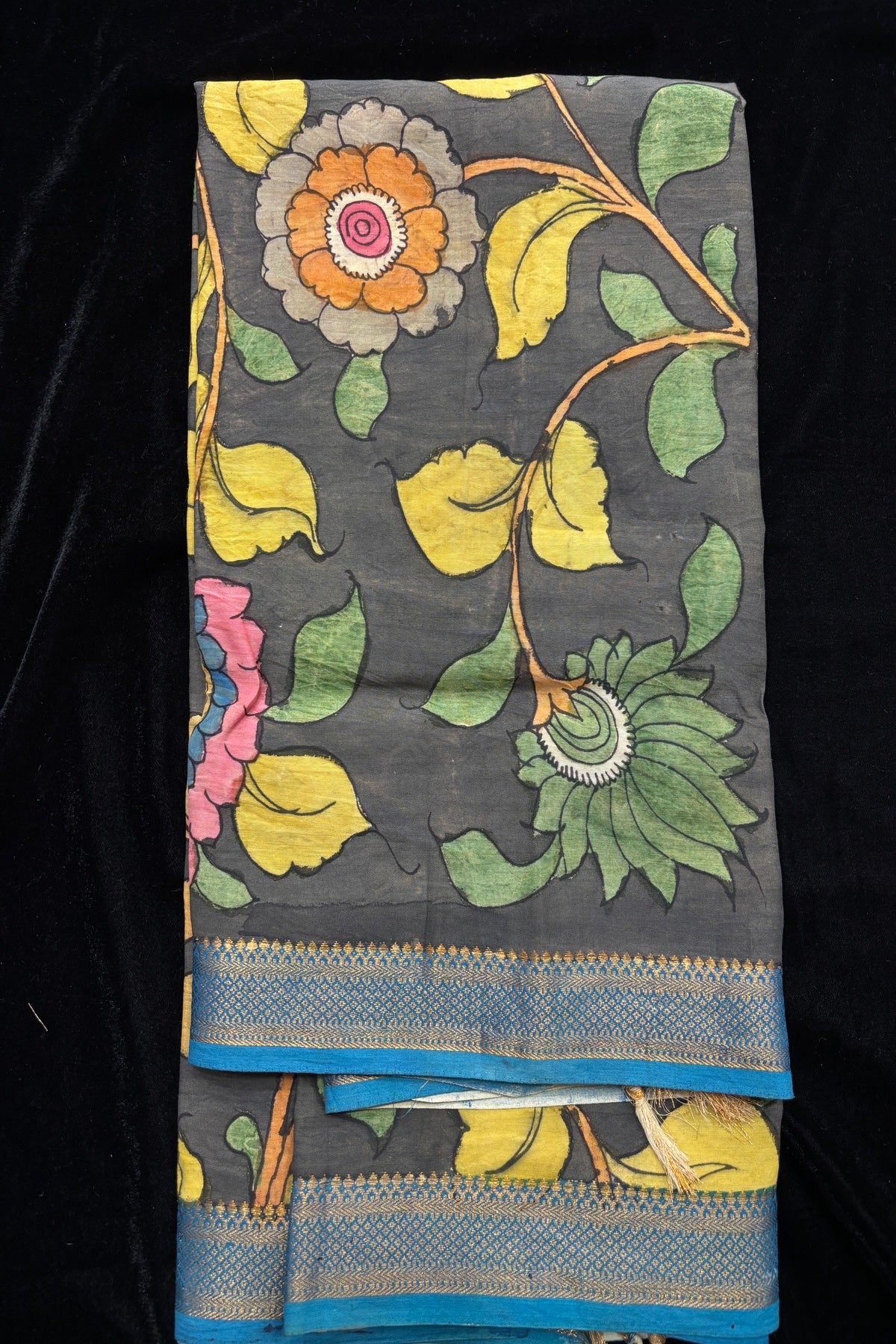 Dark Grey Color Pure Pen Kalamkari Hand Painted Silk Dupatta With Copper Sulphate Blue Brocade Border