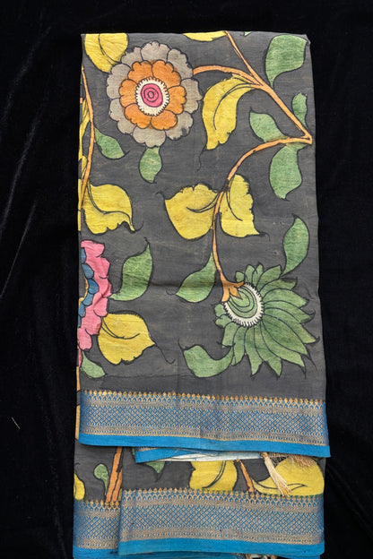 Dark Grey Color Pure Pen Kalamkari Hand Painted Silk Dupatta With Copper Sulphate Blue Brocade Border