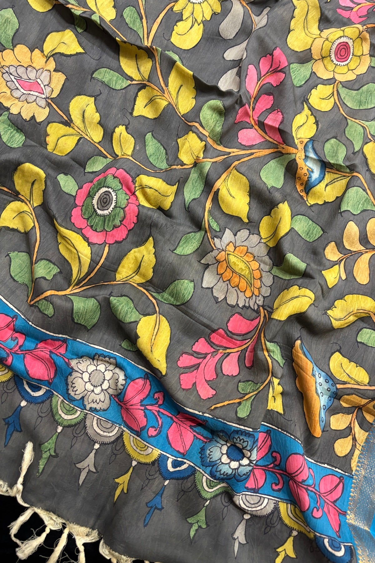Dark Grey Color Pure Pen Kalamkari Hand Painted Silk Dupatta With Copper Sulphate Blue Brocade Border