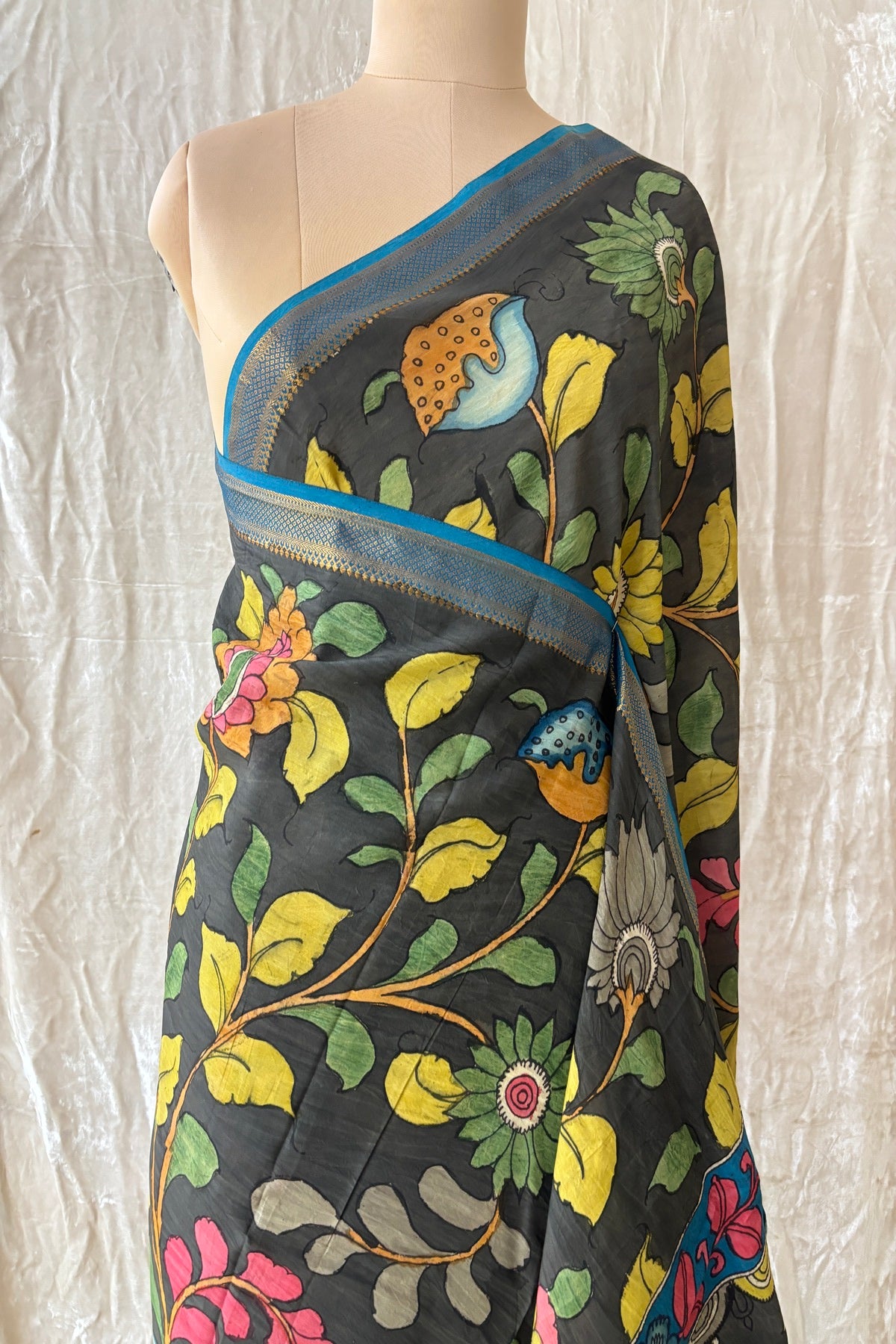 Dark Grey Color Pure Pen Kalamkari Hand Painted Silk Dupatta With Copper Sulphate Blue Brocade Border
